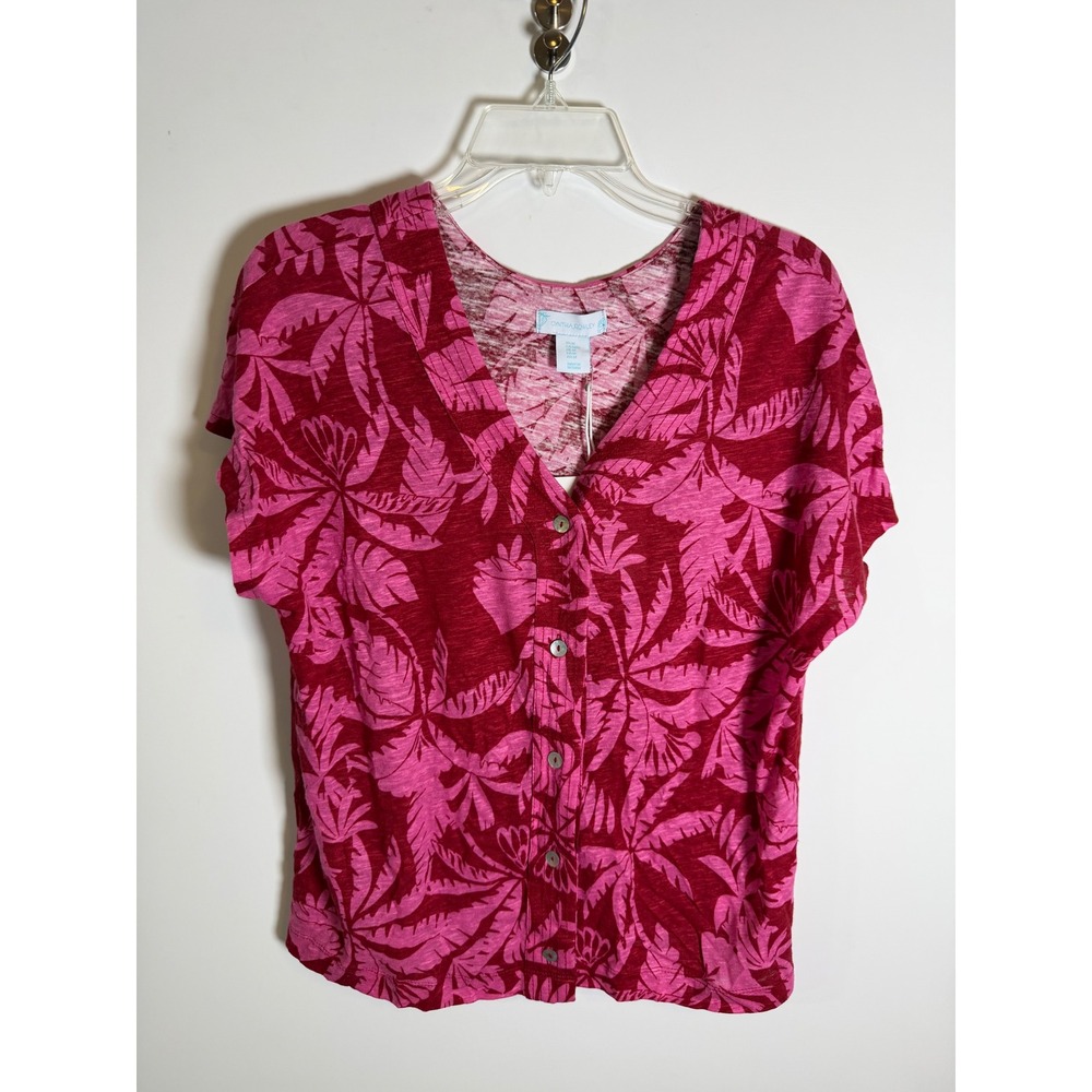 NWT Cynthia Rowley Pink Tropical Palm Linen Button Front Top Womens Medium NEW